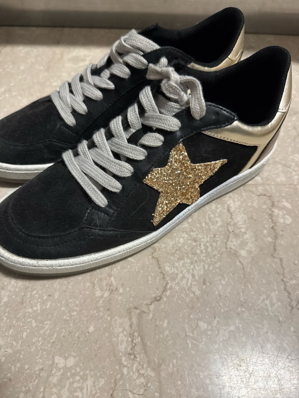 Black Suede Women's Sneakers with Gold Star Accent
